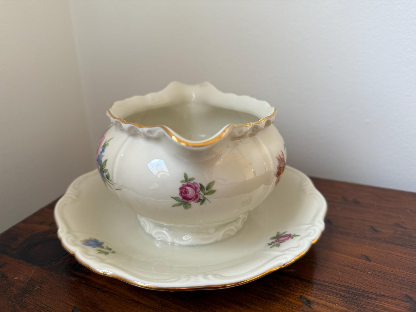 Vintage Gravy Boat with Attached Saucer