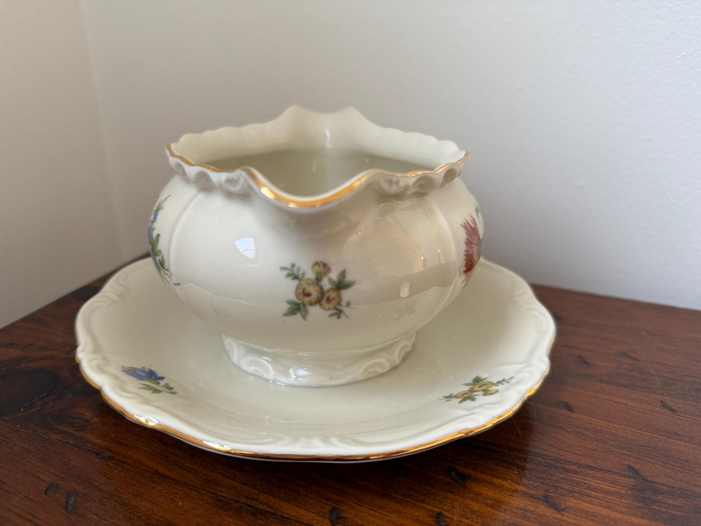 Vintage Gravy Boat with Attached Saucer